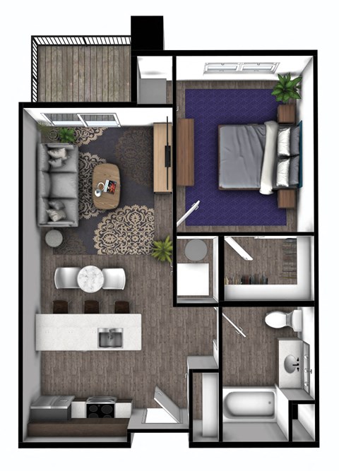 Floor plan for 1 bed, 1 bath, 667 sqft