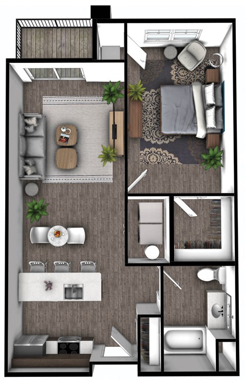 Floor plan for 1 bed, 1 bath, 782 sqft