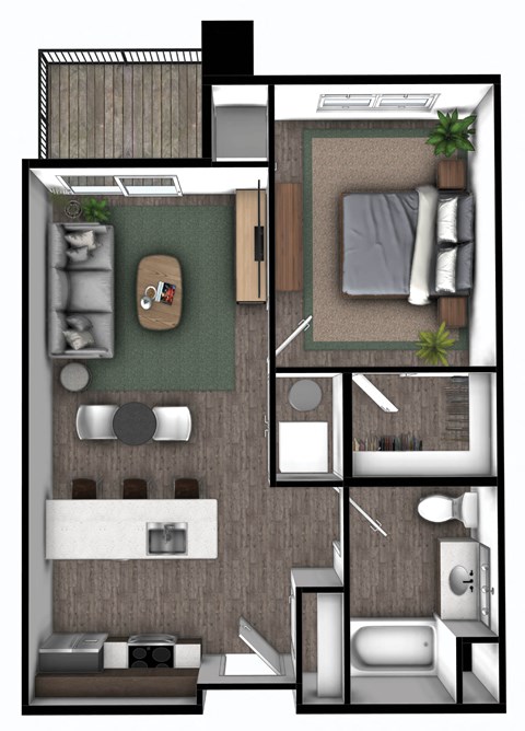 Floor plan for 1 bed, 1 bath, 690 sqft