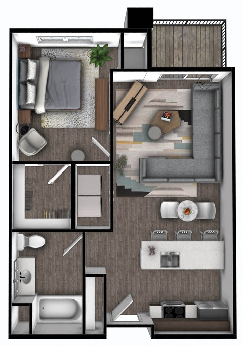 Floor plan for 1 bed, 1 bath, 690 sqft