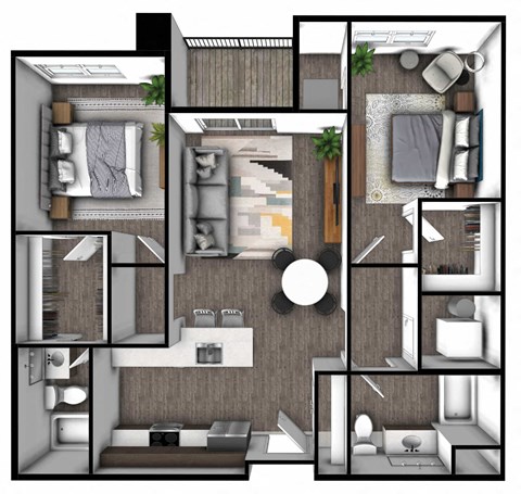 Floor plan for 2 beds, 2 baths, 1077 sqft