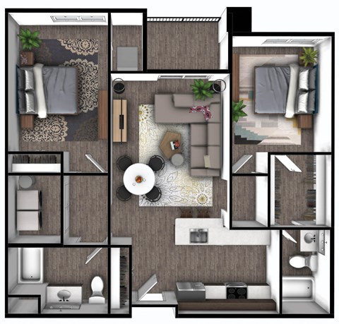 Floor plan for 2 beds, 2 baths, 1077 sqft