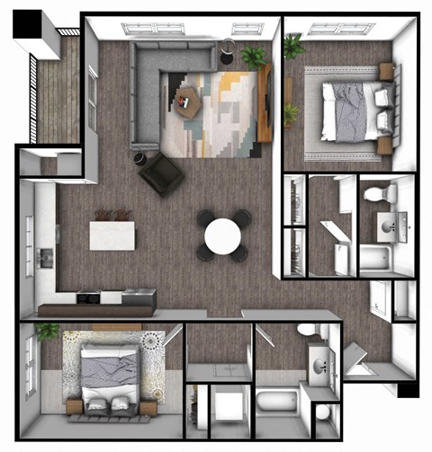 Floor plan for 2 beds, 2 baths, 1373 sqft