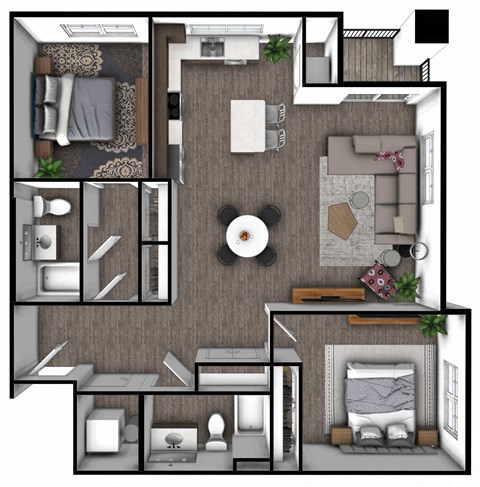 Floor plan for 2 beds, 2 baths, 1213 sqft