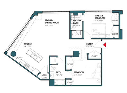 Floor plan for 2 beds, 2 baths, 1230 sqft