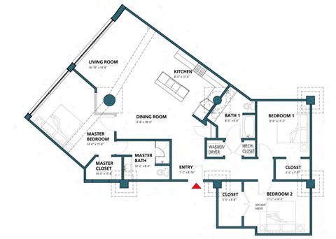 Floor plan for 3 beds, 2 baths, 1610 sqft