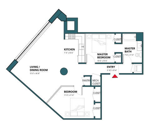 Floor plan for 2 beds, 1 bath, 1208 sqft
