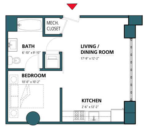 Floor plan for studio, 1 bath, 480 sqft