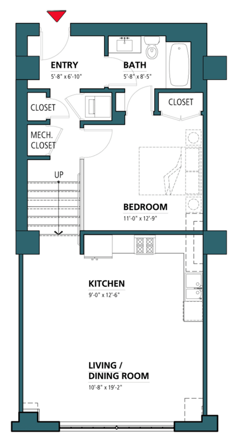 Floor plan for 1 bed, 1 bath, 1105 sqft