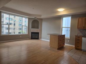 Edmonton apartment for rent - an empty living room with a fireplace and wooden floors