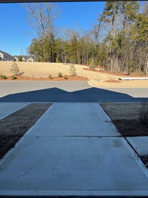 Charlotte house for rent - A long concrete walkway leads to a grassy area.