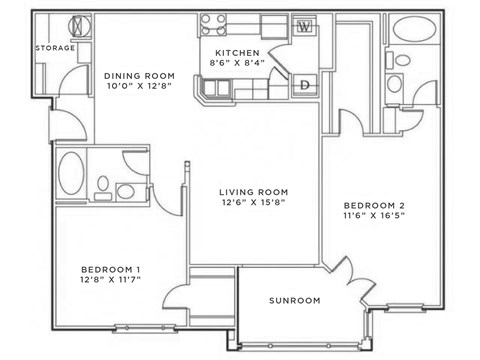 Floor plan for 2 beds, 2 baths, 1208 sqft