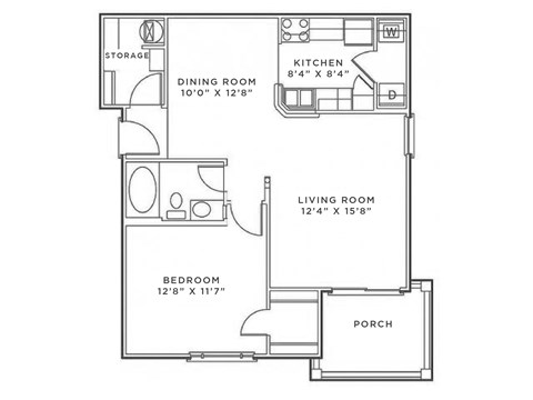 Floor plan for 1 bed, 1 bath, 775 sqft