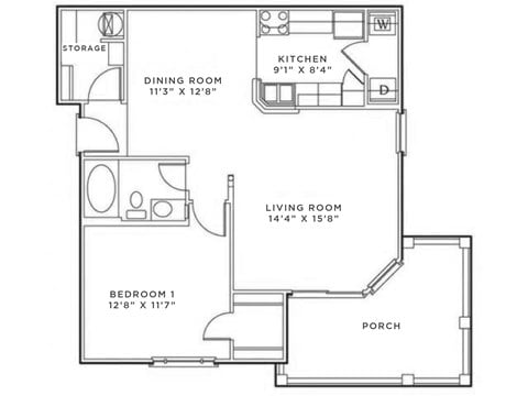 Floor plan for 1 bed, 1 bath, 821 sqft