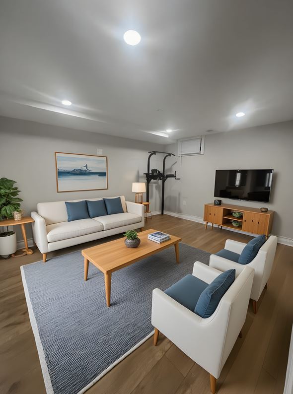 Brighton apartment for rent - A living room with a white couch, a wooden coffee table, and a painting on the wall.