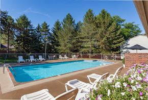 Dewitt apartment for rent - A pool surrounded by trees and chairs.