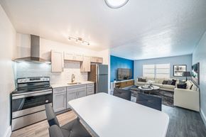 Davie apartment for rent - A modern kitchen with a dining table and chairs.