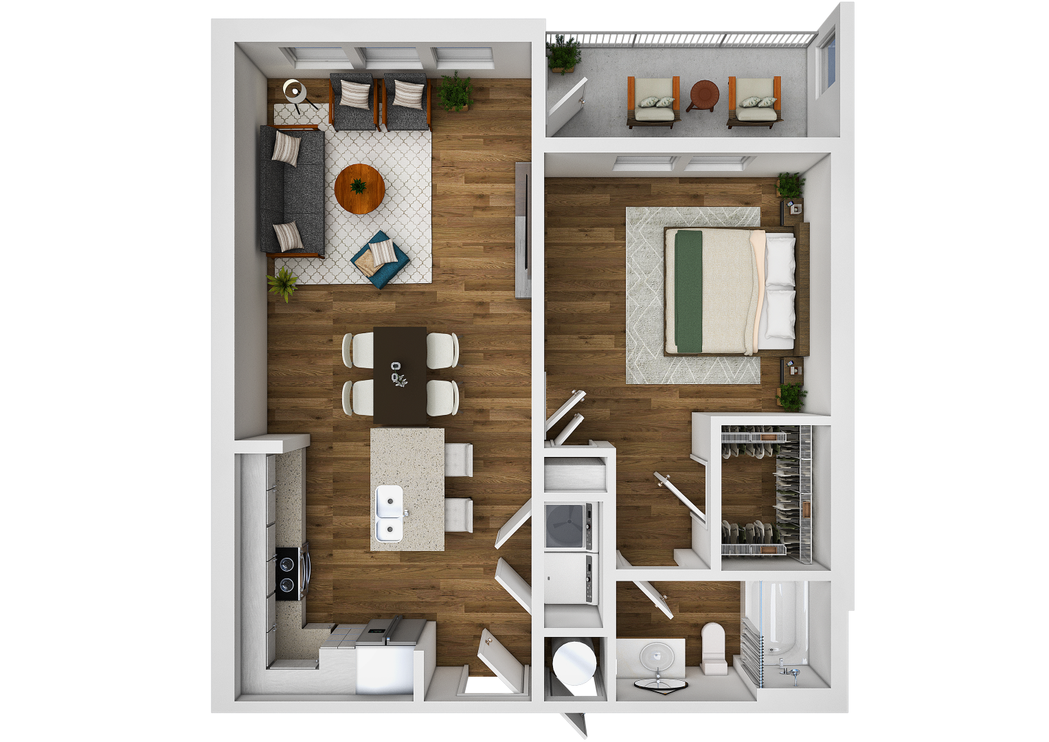 Floor plan for 1 bed, 1 bath, 784 sqft