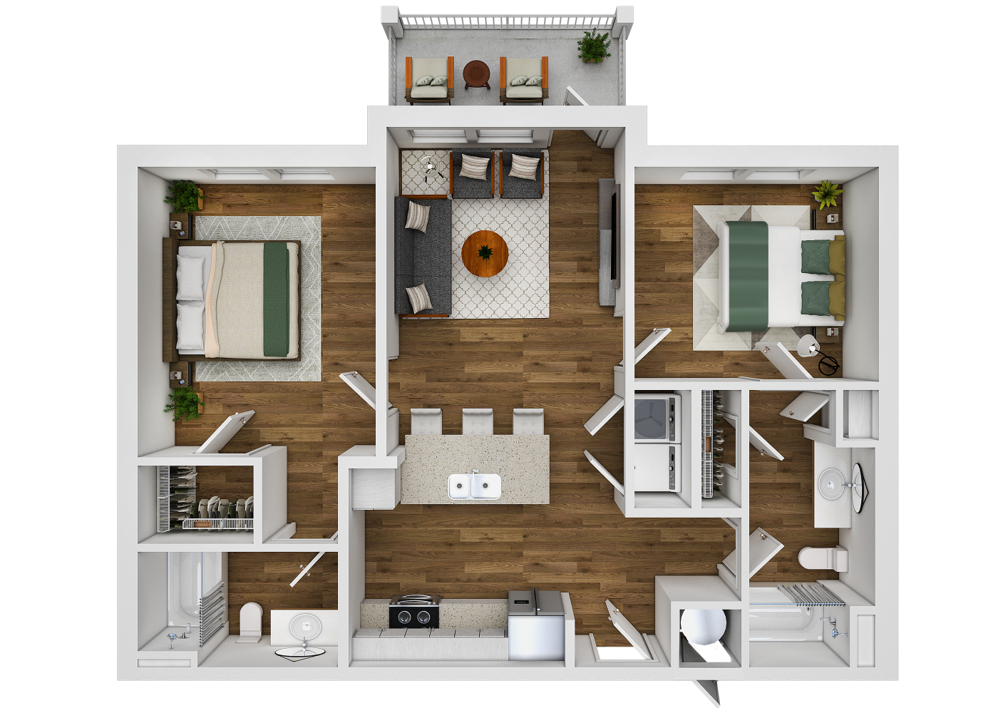 Floor plan for 2 beds, 2 baths, 955 sqft