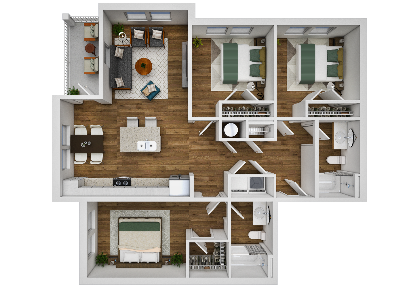 Floor plan for 3 beds, 2 baths, 1170 sqft