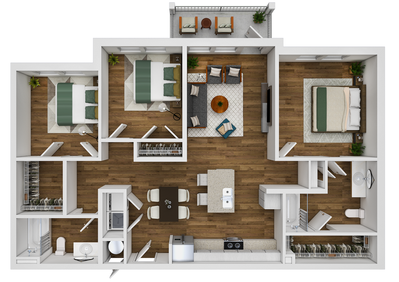 Floor plan for 3 beds, 2 baths, 1263 sqft