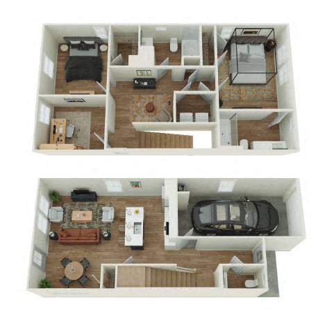 Floor plan for 2 beds, 2.5 baths, 1309 sqft