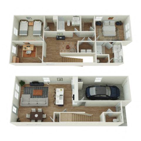 Floor plan for 2 beds, 2.5 baths, 1507 sqft