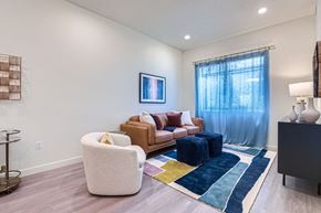 Salt Lake City apartment for rent - A living room with a brown couch, a white chair, and a blue rug.