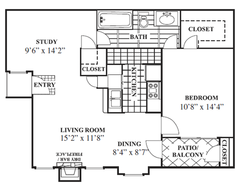 Floor plan for 1 bed, 1 bath, 824 sqft