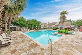 Austin apartment for rent - A swimming pool surrounded by a stone patio and palm trees.