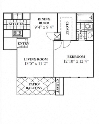 Floor plan for 1 bed, 1 bath, 563 sqft