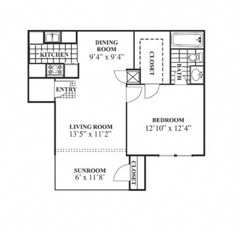 Floor plan for 1 bed, 1 bath, 623 sqft