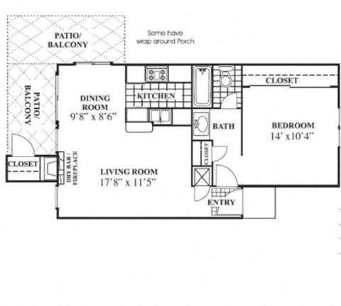 Floor plan for 1 bed, 1 bath, 689 sqft