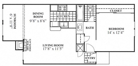 Floor plan for 1 bed, 1 bath, 762 sqft