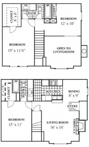 Floor plan for 3 beds, 2 baths, 1229 sqft