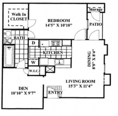 Floor plan for 1 bed, 1 bath, 824 sqft