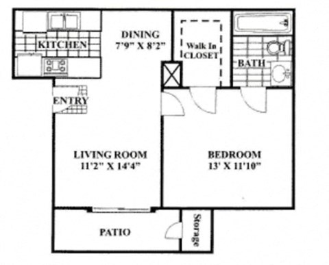 Floor plan for 1 bed, 1 bath, 563 sqft