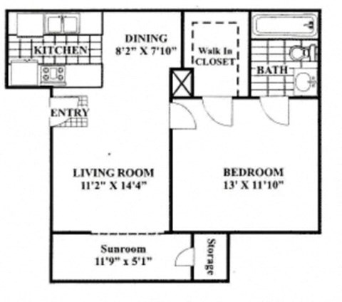 Floor plan for 1 bed, 1 bath, 638 sqft
