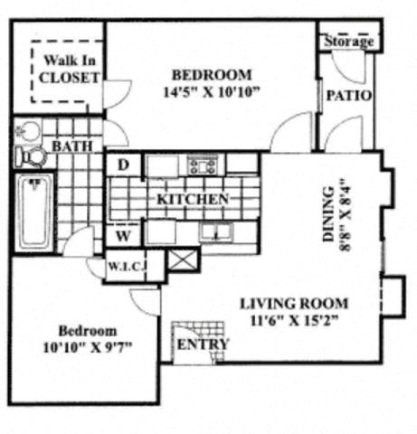 Floor plan for 2 beds, 1 bath, 824 sqft