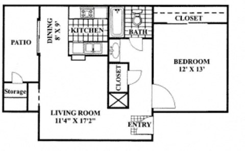 Floor plan for 1 bed, 1 bath, 689 sqft