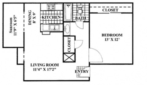 Floor plan for 1 bed, 1 bath, 762 sqft