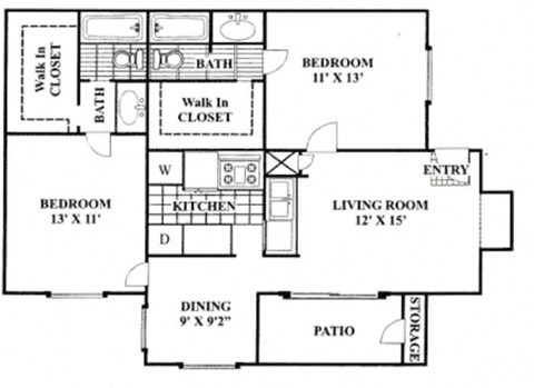 Floor plan for 2 beds, 2 baths, 975 sqft