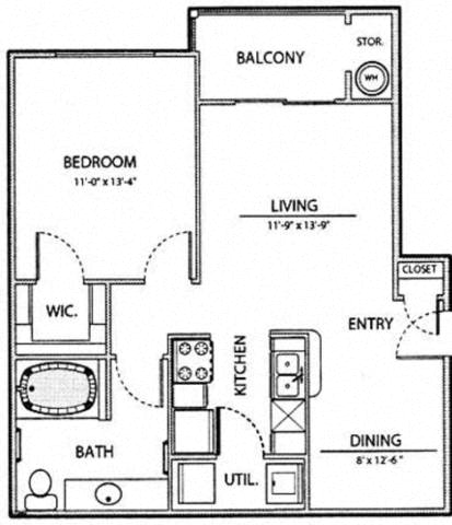 Floor plan for 1 bed, 1 bath, 681 sqft
