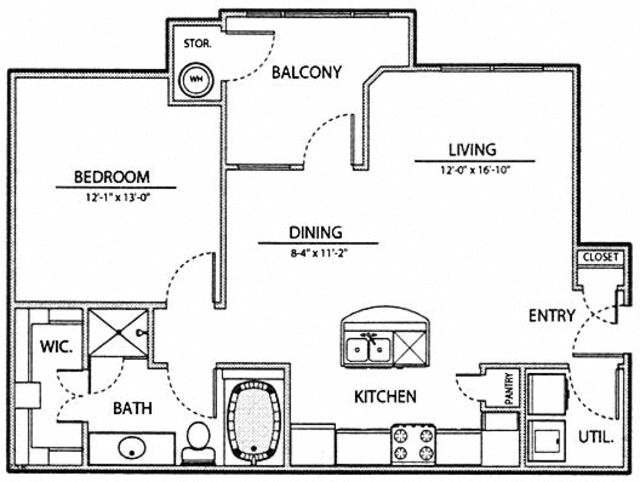 Floor plan for 1 bed, 1 bath, 774 sqft