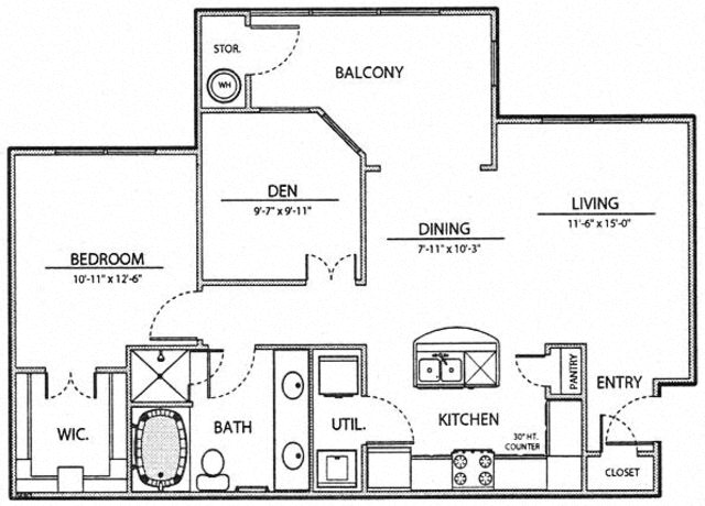 Floor plan for 1 bed, 1 bath, 874 sqft