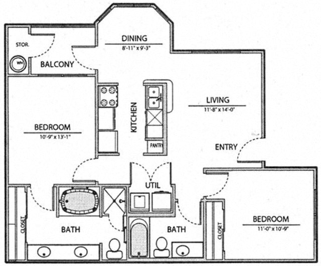 Floor plan for 2 beds, 2 baths, 919 sqft
