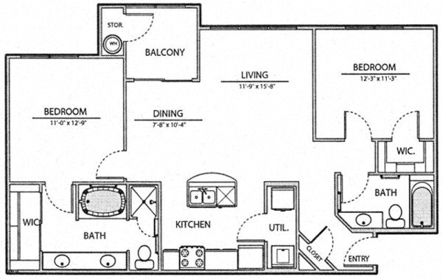 Floor plan for 2 beds, 2 baths, 1044 sqft