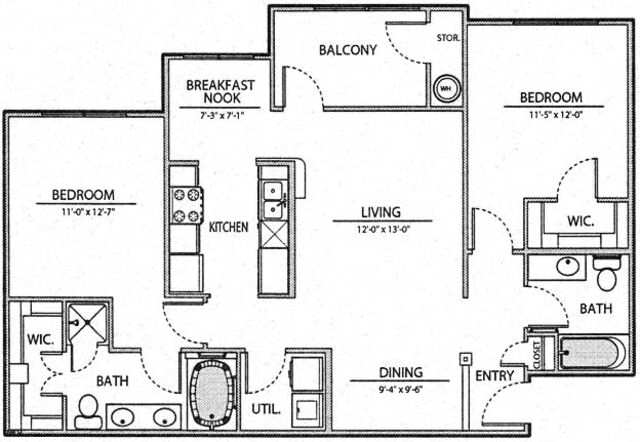 Floor plan for 2 beds, 2 baths, 1097 sqft