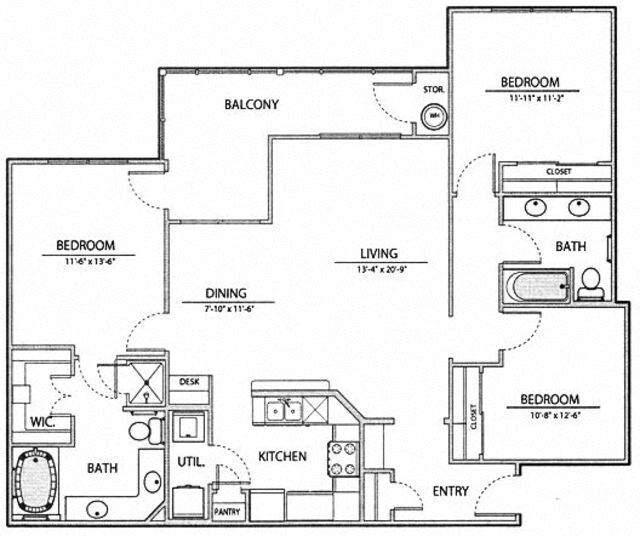 Floor plan for 3 beds, 2 baths, 1380 sqft