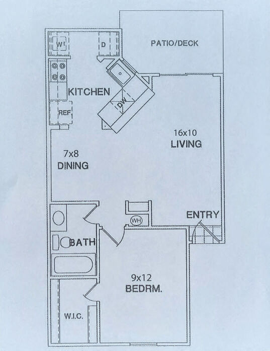 Floor plan for 1 bed, 1 bath, 604 sqft